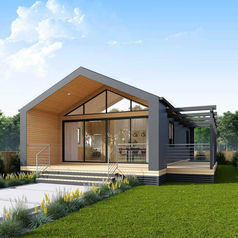 Modern studio granny flat with timber cladding and large glass doors